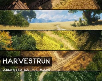 May include: A digital illustration of a field with a dirt path and the text "HARVESTRUN ANIMATED BATTLE MAPS".