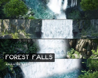 May include: A digital illustration of a forest scene with multiple waterfalls cascading down rocky cliffs. Lush green foliage and clear water create a serene environment. The text "FOREST FALLS" and "ANIMATED BATTLE MAPS" are displayed.