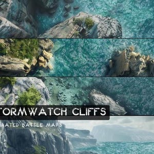 Puede incluir: Una ilustración digital de un acantilado rocoso con olas rompiendo. El texto "Stormwatch Cliffs" y "Animated Battle Maps" se muestra en la imagen.