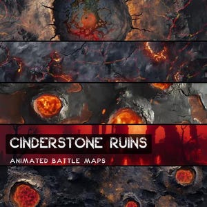 Könnte beinhalten: Eine digitale Illustration einer feurigen, vulkanischen Landschaft mit dem Text "Cinderstone Ruins Animated Battle Maps". Das Bild zeigt eine dunkle, rissige Oberfläche mit glühenden roten Lavagruben und einem großen, kreisförmigen Krater in der Mitte.