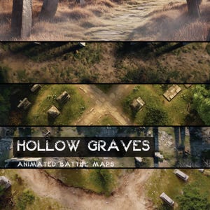 Puede incluir: Imagen compuesta que presenta mapas de batalla animados. Los mapas representan un cementerio con senderos de piedra, zonas cubiertas de hierba y lápidas desgastadas. Se muestra el texto "HOLLOW GRAVES" y "ANIMATED BATTLE MAPS".