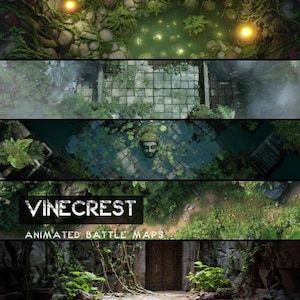 Puede incluir: Imagen compuesta que presenta mapas de batalla animados. Las escenas incluyen una exuberante jungla, un camino empedrado, un estanque sereno con una cabeza de Buda y una entrada de piedra. Se muestra el texto "VINECREST ANIMATED BATTLE MAPS".