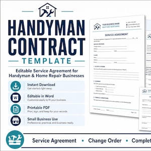 May include: A digital handyman contract template set featuring a service agreement, change order, and completion sign-off document. The text includes Handyman Contract Template, Editable Service Agreement, and Includes 3 Templates with icons.