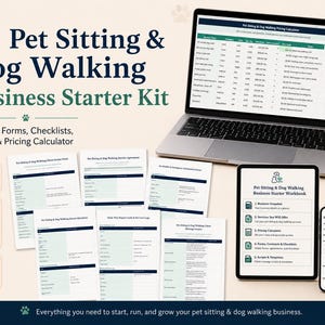 May include: A digital business starter kit for pet sitting and dog walking businesses. The kit includes editable forms, checklists, scripts, and a pricing calculator. The kit is accessible on phones, tablets, and computers, and is available for instant digital download.
