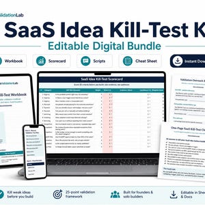 Może przedstawiać: Cyfrowy pakiet o nazwie "SaaS Idea Kill-Test Kit" z zeszytem ćwiczeń, kartą wyników, skryptami i ściągawką. Obraz przedstawia tablet, smartfon i laptop wyświetlające zawartość zestawu. Zestaw ma na celu pomóc użytkownikom w walidacji pomysłów przed budową.