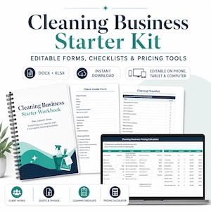 May include: A Cleaning Business Starter Kit with editable forms, checklists, and pricing tools. Includes a spiral-bound workbook, client intake form, cleaning checklist, and a pricing calculator on a laptop. The kit is designed to help start a successful cleaning business.