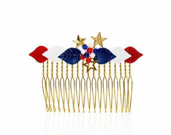 Hand-Painted Red White Blue Swarovski Crystal Hair Comb, 24k Gold Stars Accessory, Patriotic Indendence day