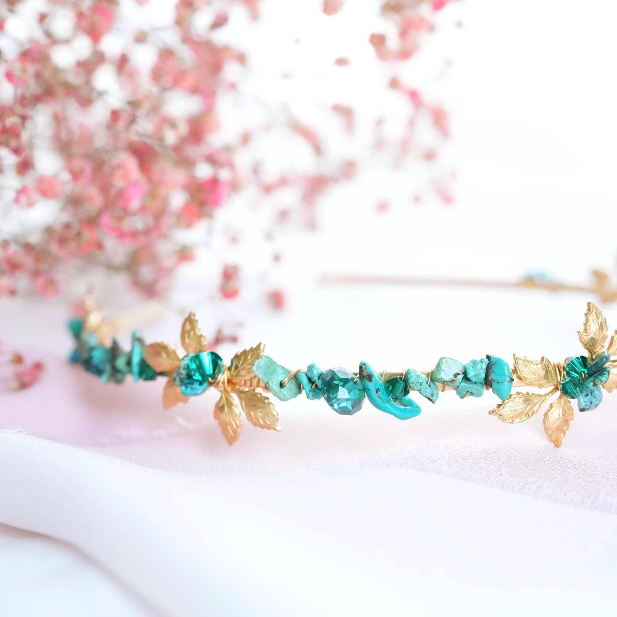 Turquoise Headband: Gold Leaves, Czech Beads, Bridal 
