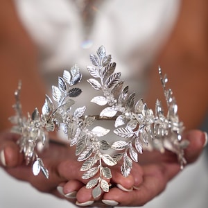 Bridal Crown Headband: Silver Leaves, Swarovski Crystal Wedding Tiara