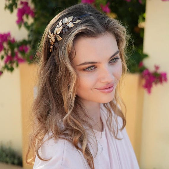 Vintage Gold Leaf Crystal Headband - Gold and Clear Handmade 1950s Gold Crystal Bridal Headpiece: Vintage  main image 3
