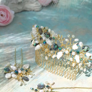 Mermaid Abalone Comb – Freshwater Pearl, Sea Shell, Swarovski Crystal Bridal Hairpiece, Coastal Beach Wedding