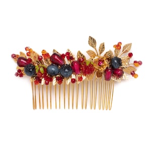 Berries of the Summer Comb: Lampwork Glass, Gold Leaves, Crystal Headpiece