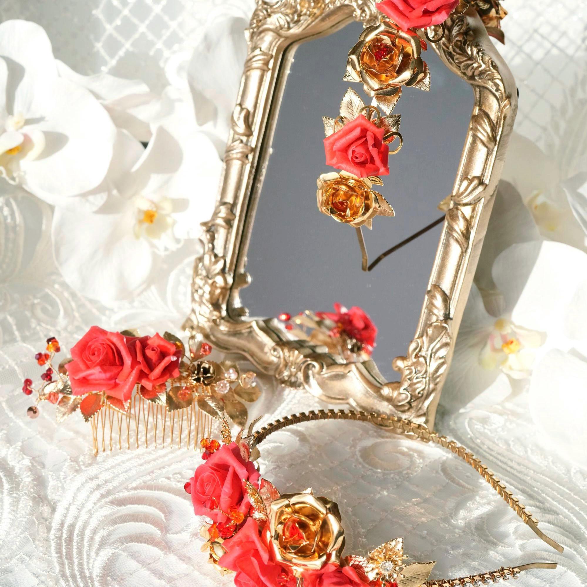 Red Rose Headband: Gold Leaf Porcelain Flower, Swarovski  display picture 2