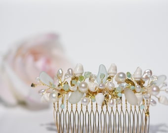 Peineta nupcial de cristal marino estilo reliquia de la costa • Perlas barrocas, cristales Swarovski, accesorio de playa