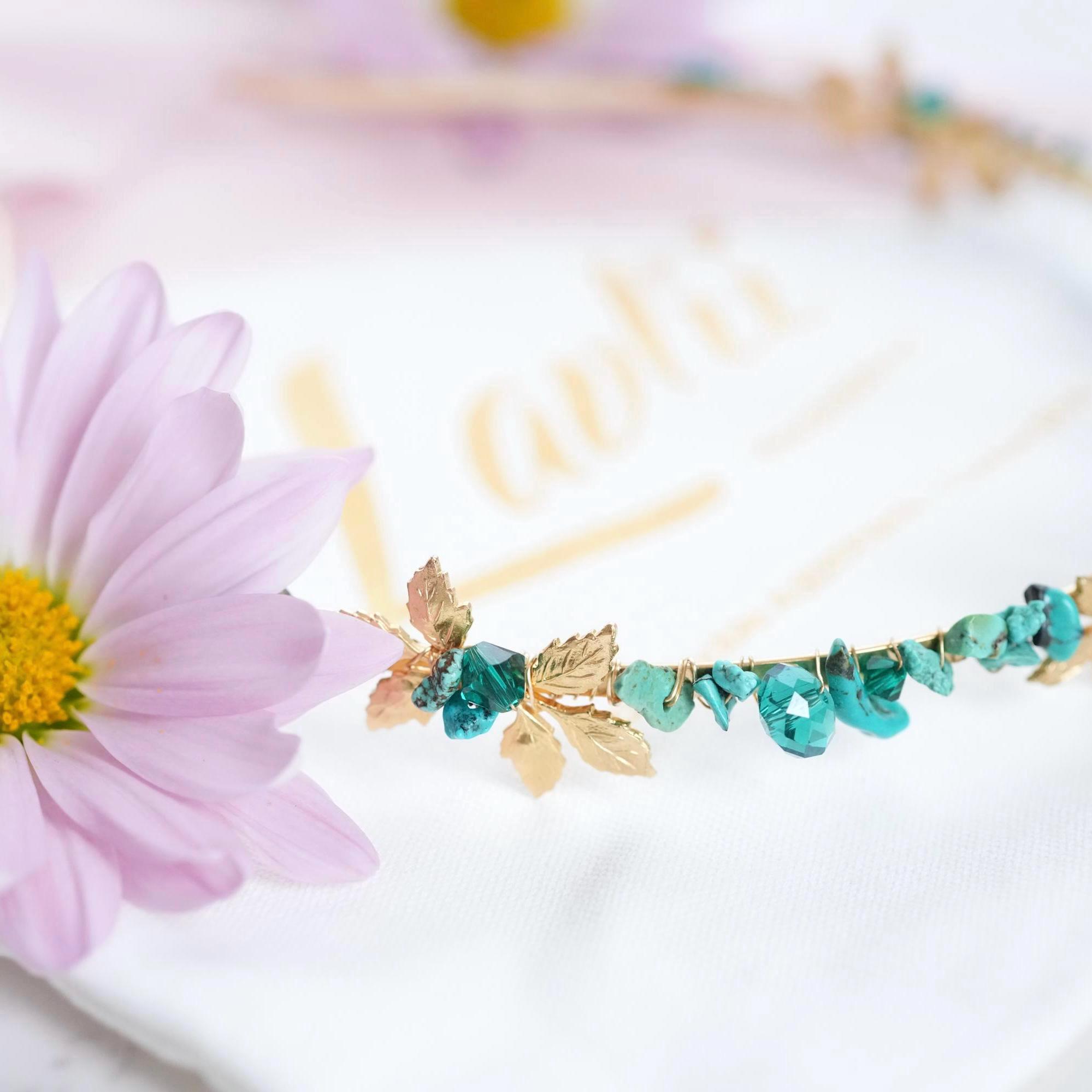 Gold Tone Headband with Turquoise, Austrian Crystals and Electroplated Glass Holiday in the Sun Swarovski Accented Crystal Tiara  main image 4
