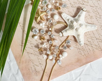 Starfish Hair Pin: Gold Bridal Headpiece with Pearls & Crystals