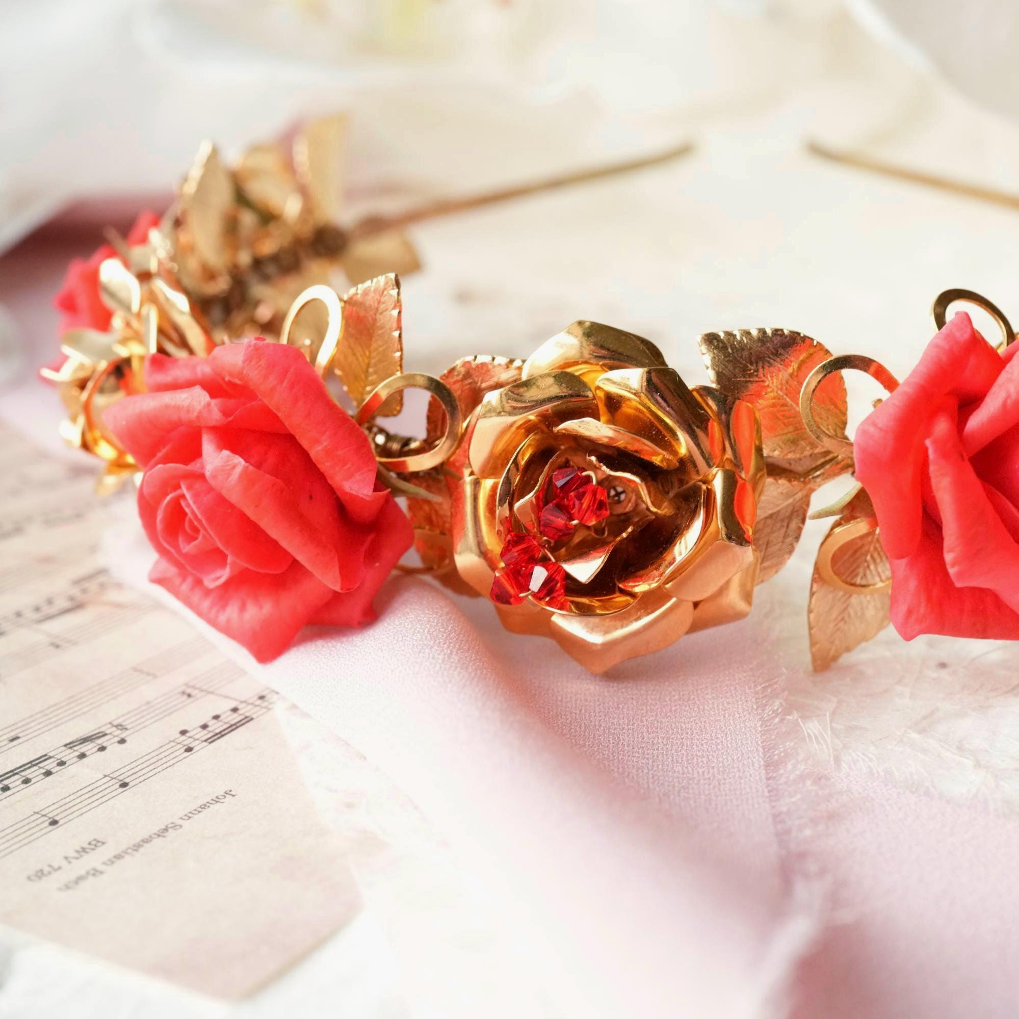 Red Rose Headband: Gold Leaf Porcelain Flower, Swarovski  display picture 3