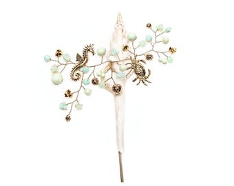 Seashell Hair Pin • Gold Mermaid Ariel Hairpin, Blue Crystal Sparkling Headpiece