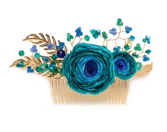 Peacock Blue Silk Flower Comb • Gold Leaf Feather crystal hair • Teal enchanting royal cobalt crown • Rustic floral bouquet headpiece halo