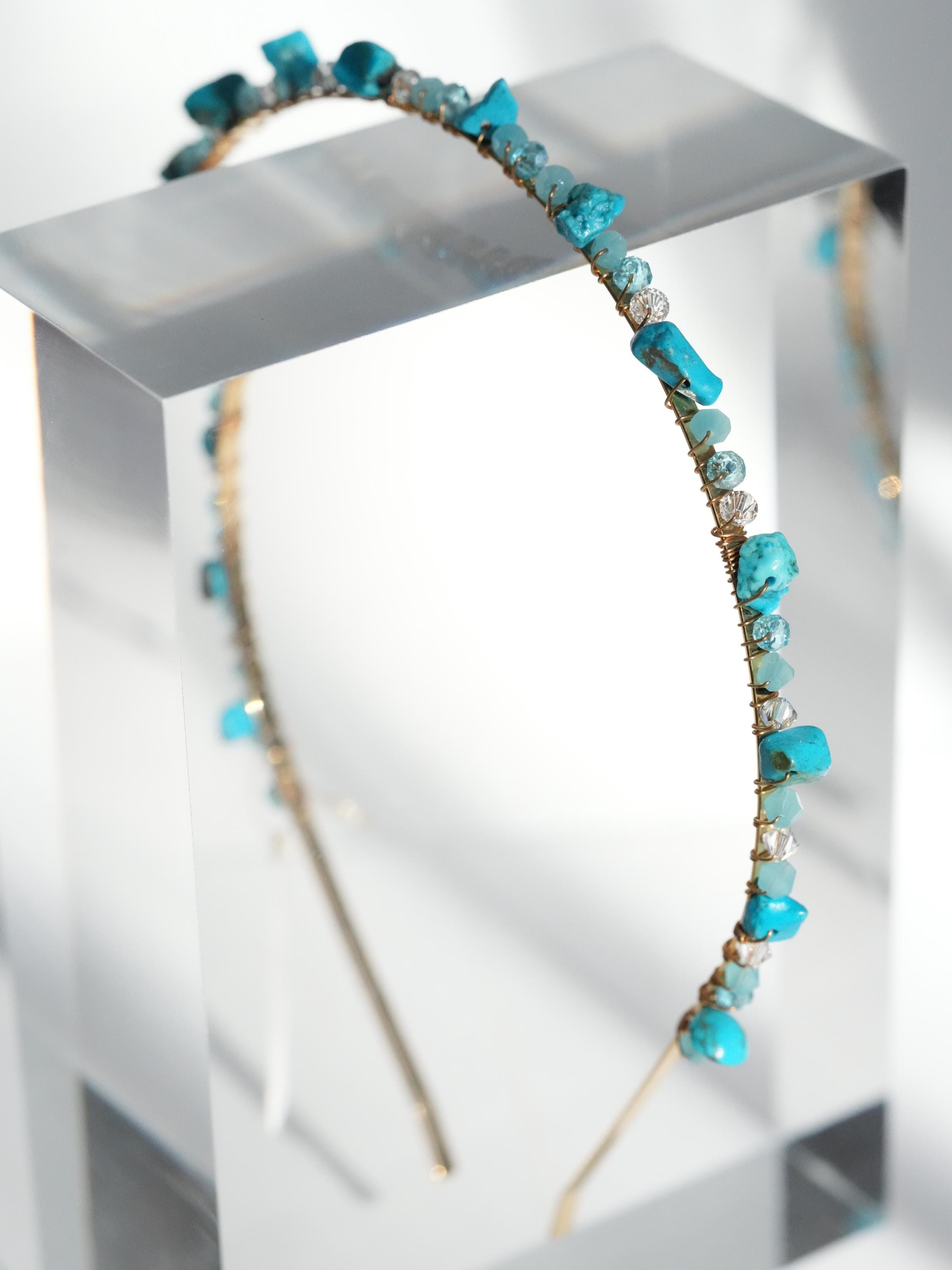 Gold Tone Headband with Turquoise, Austrian Crystals and Electroplated Glass Turquoise Headband: Gold Leaves, Czech Beads, Bridal  main image 3