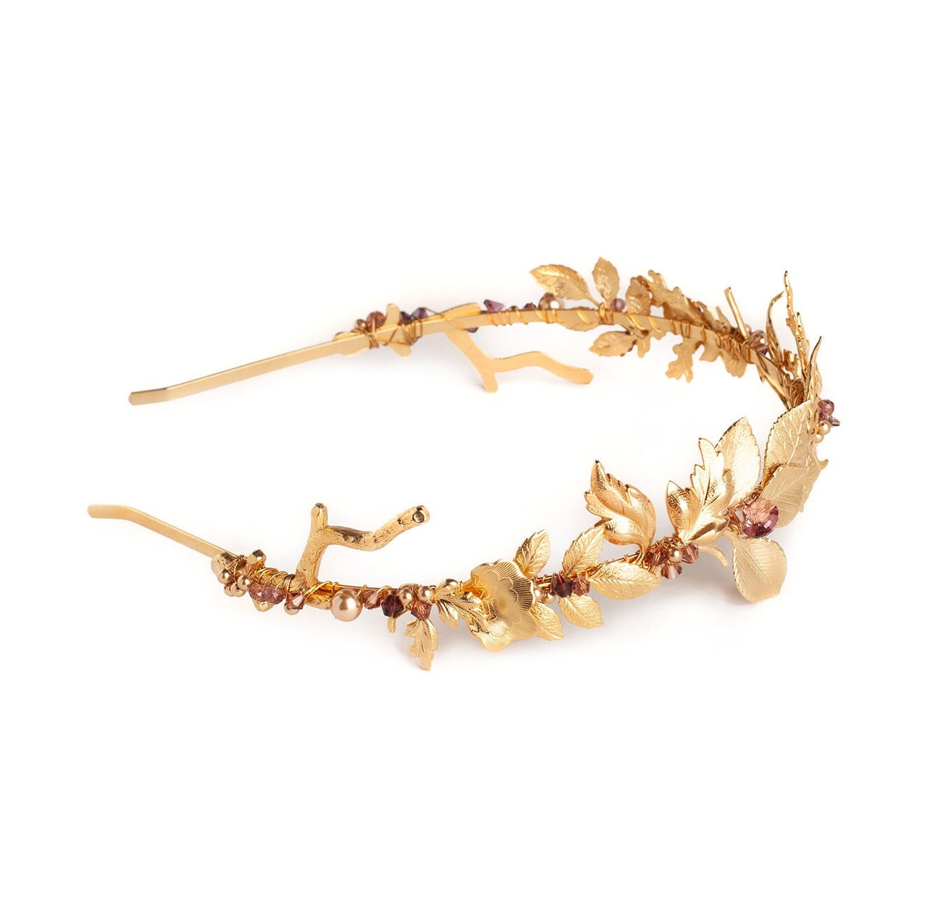 Amethyst Gold Leaf Headband: Autumn Forest Goddess Crown  display picture 1