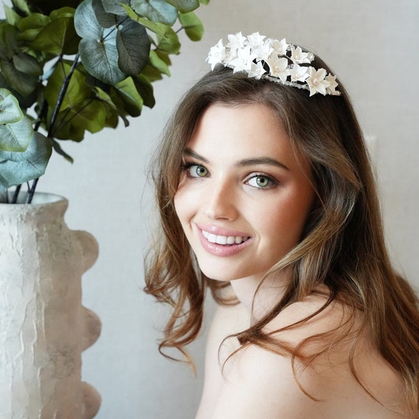 T080 - Eternal Lily Tiara bridal headpiece wedding whimsical romantic enchanting white floral opulent silver bespoke headpiece handmade