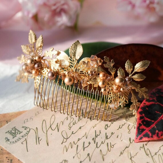 NEW Gold leaf Pearl Hair Comb Bridal headpiece Amazon.com : Gorais Crystal Bride Wedding Hair Combs Gold  main image 2