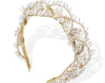 Bloemen roze gouden veer bruiloft kroon, Swarovski-kristallen, porseleinen bloemen, bruidstiara