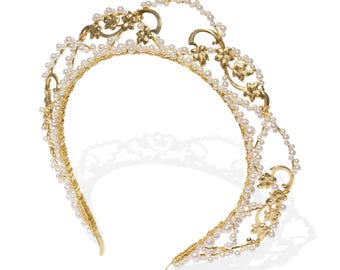 Bridal Pearl Gold Leaf Laurel Crown, Luxury bridal hair accessories
