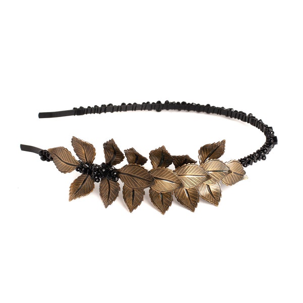 H097 - Noir Elegance Headband Black jet headpiece patina leaves handmade dark mystical statement Swarovski crystals crown tiara leaves leaf