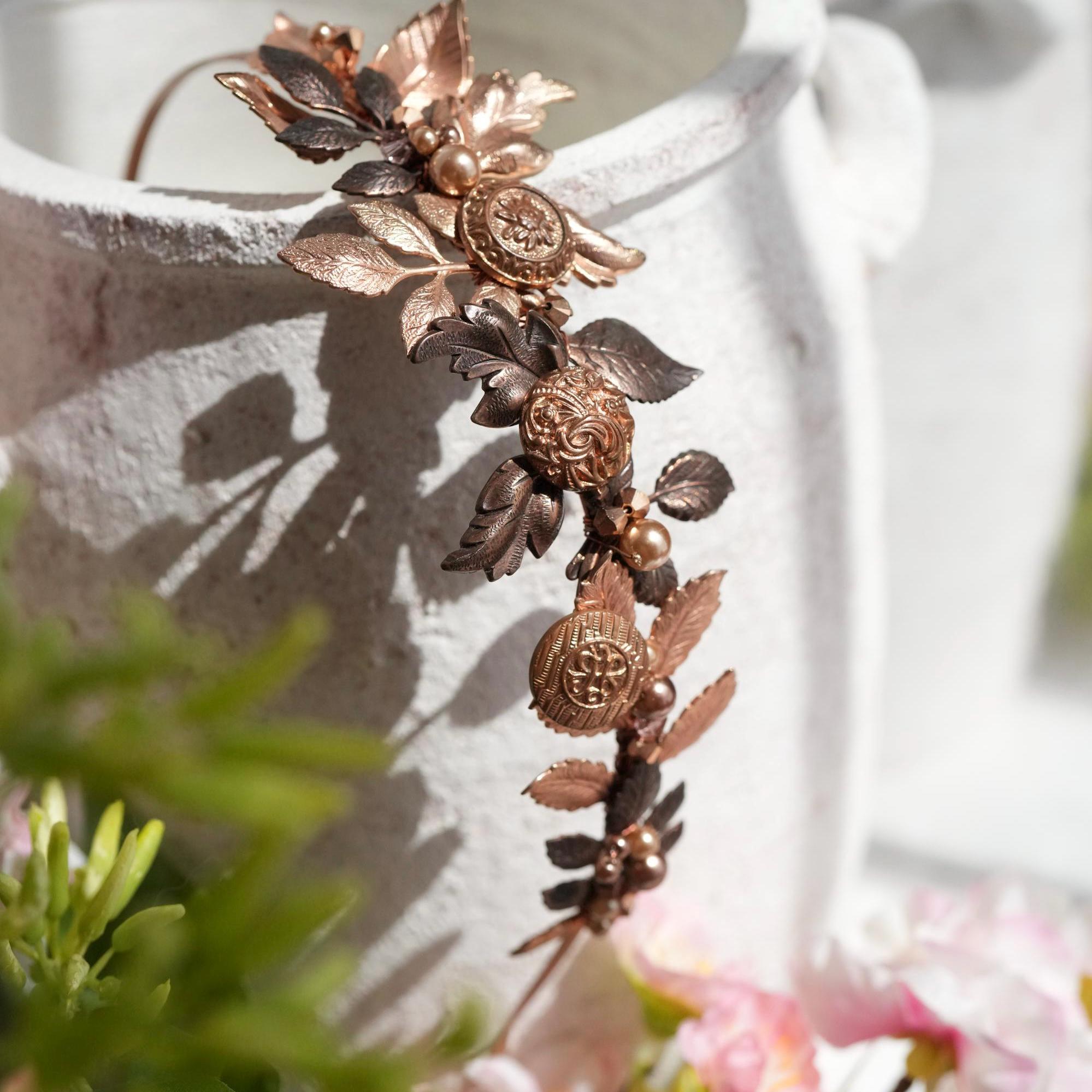 Rose Gold Fall Headband: Vintage Copper Leaf & Crystal  display picture 1