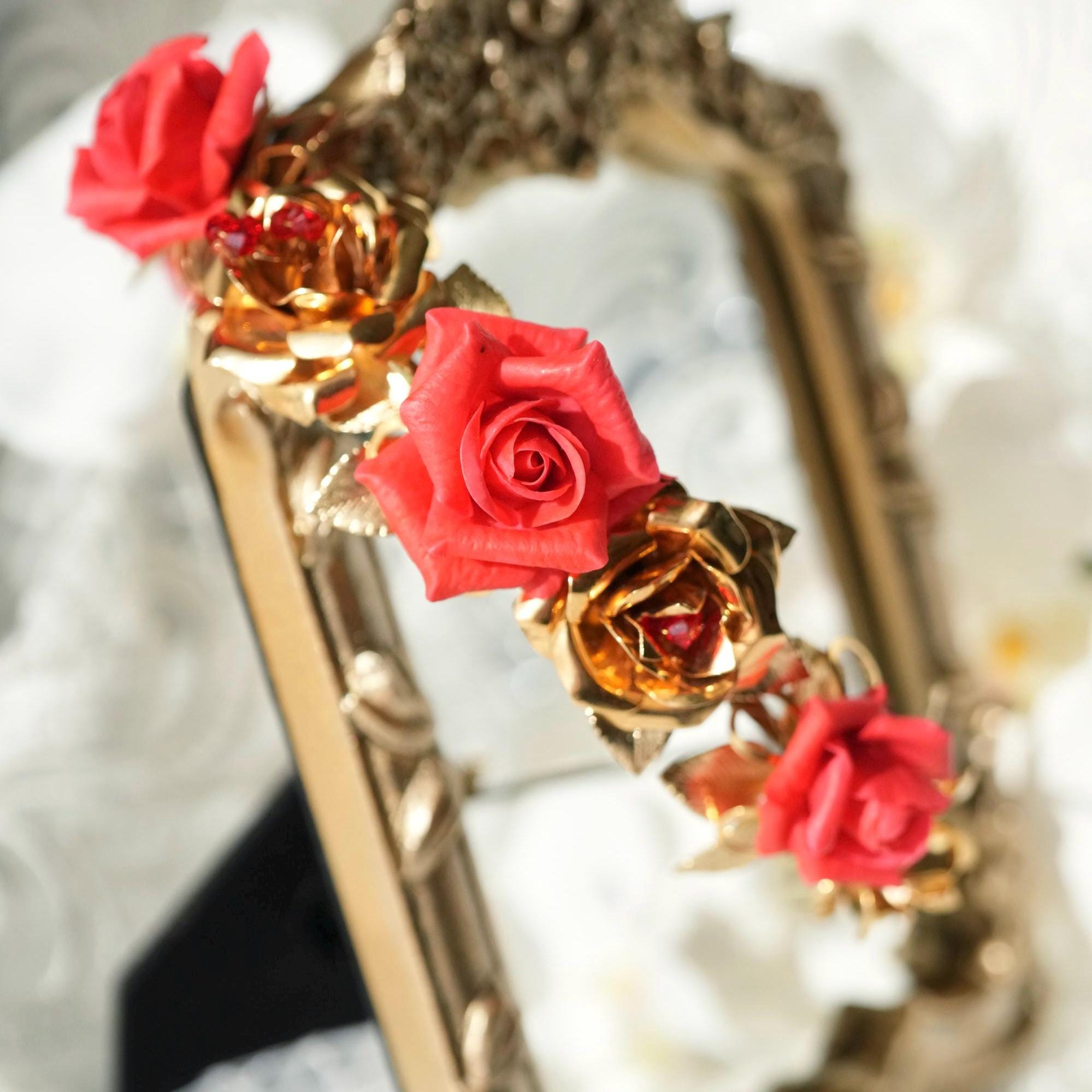 Gold Floral Red Rose Crystal Crown Headband Red Rose Gold Halo Crown Bridal Photoshoot Wedding Maternity  main image 4