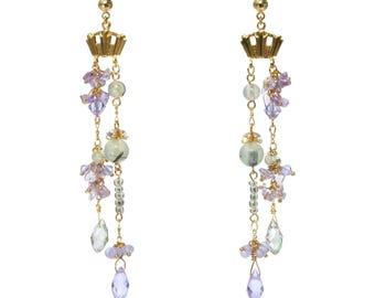 Amethyst Peridot Chandelier Earrings, Art Deco Lilac Sea Glass, Swarovski Crystal, Gold Spring Statement, Boho Bridal Garden Wedding jewelry