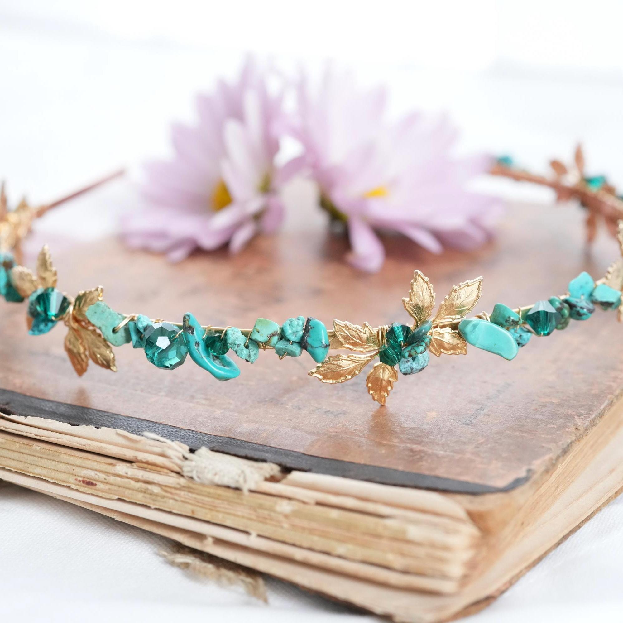 Turquoise Headband: Gold Leaves, Czech Beads, Bridal  display picture 1
