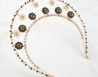 Tall Spakrling Black and Gold Halo Headband: Queen of the Darkness Swarovski crown