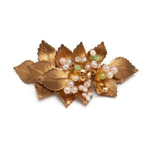 Vintage Gold Leaf Barrette: Pink Pearl & Crystal Hair Clip
