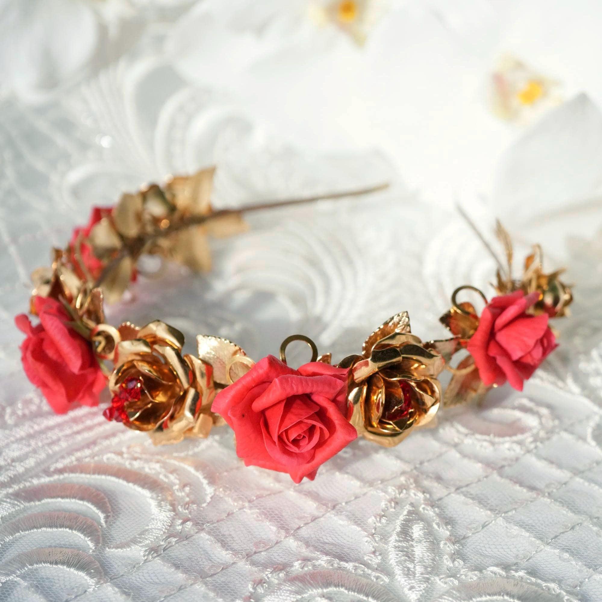 Gold Floral Red Rose Crystal Crown Headband Red Rose Headband: Gold Leaf Porcelain Flower, Swarovski  main image 2