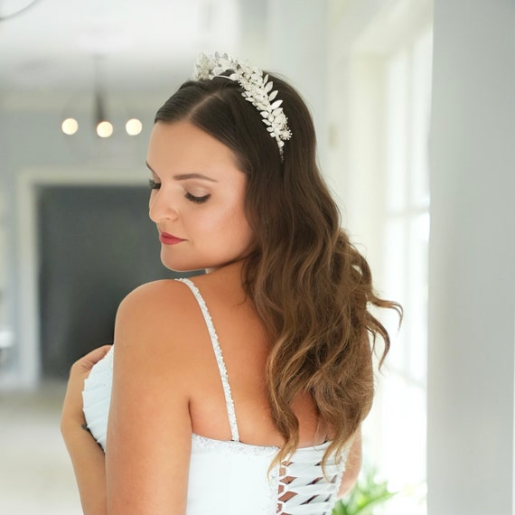 Silver Swarovski Crystal Crown Headband: Handmade Floral  display picture 3