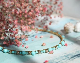 Boho Gold Headband – Romantic Wheat Motif & Turquoise Stone 