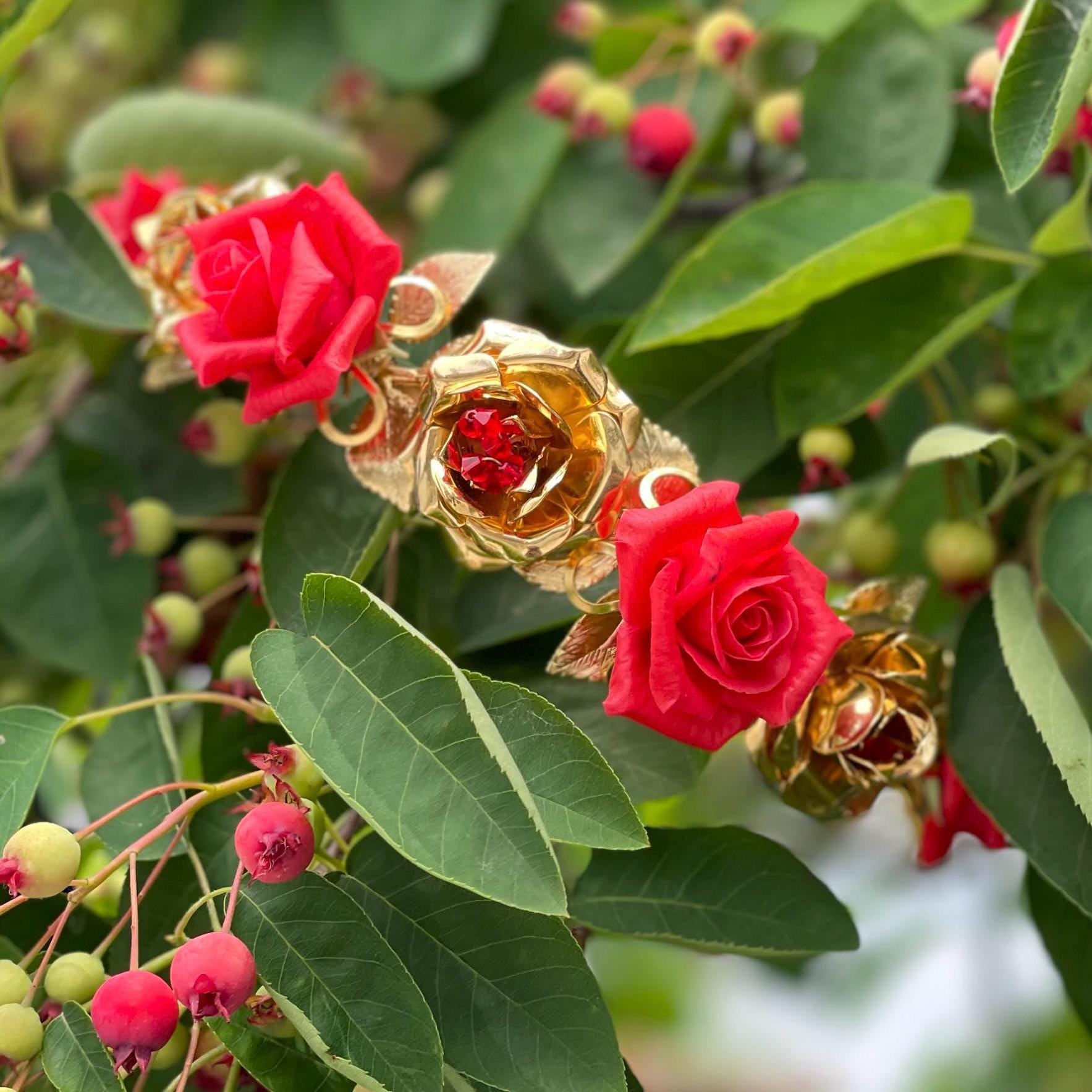 Red Rose Headband: Gold Leaf Porcelain Flower, Swarovski 