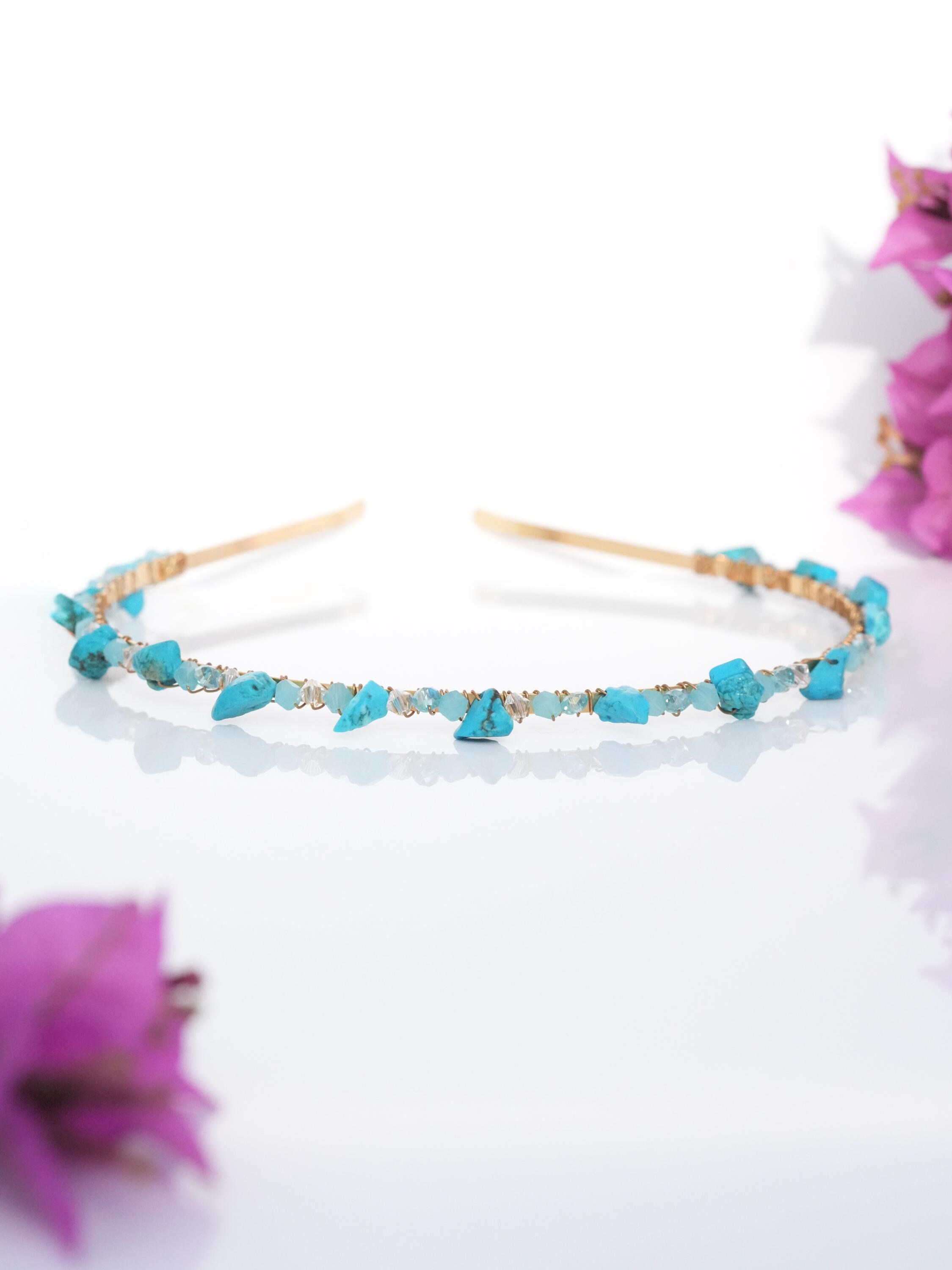 Gold Tone Headband with Turquoise, Austrian Crystals and Electroplated Glass Turquoise Headband: Gold Leaves, Czech Beads, Bridal  main image 4