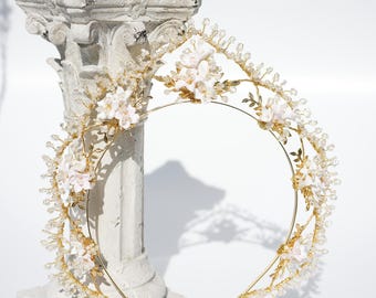 Floral Pink Gold Wedding Crown, Swarovski Pearls, Porcelain Flowers, Bridal Tiara