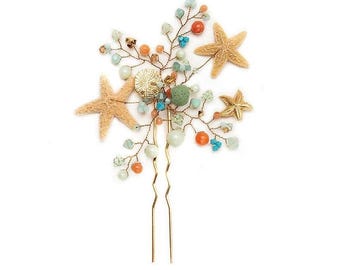 Seashell Starfish Hair Pin: Bridal Gold Mermaid Hairclip