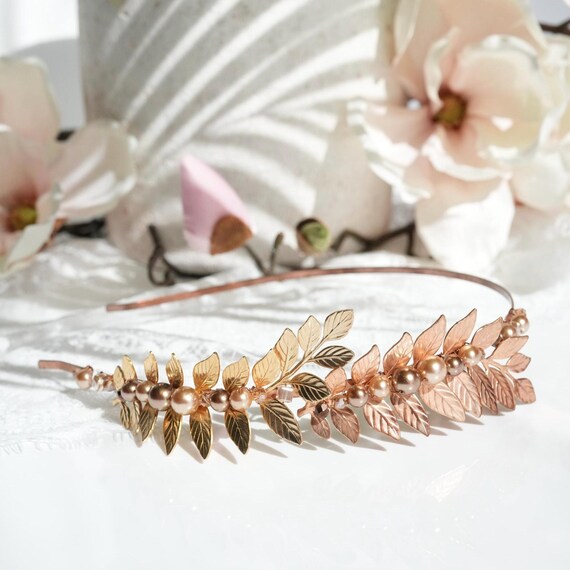 Pearl Gold Leaf Headband: Elegant Bridal Side Crown - Etsy display picture 3