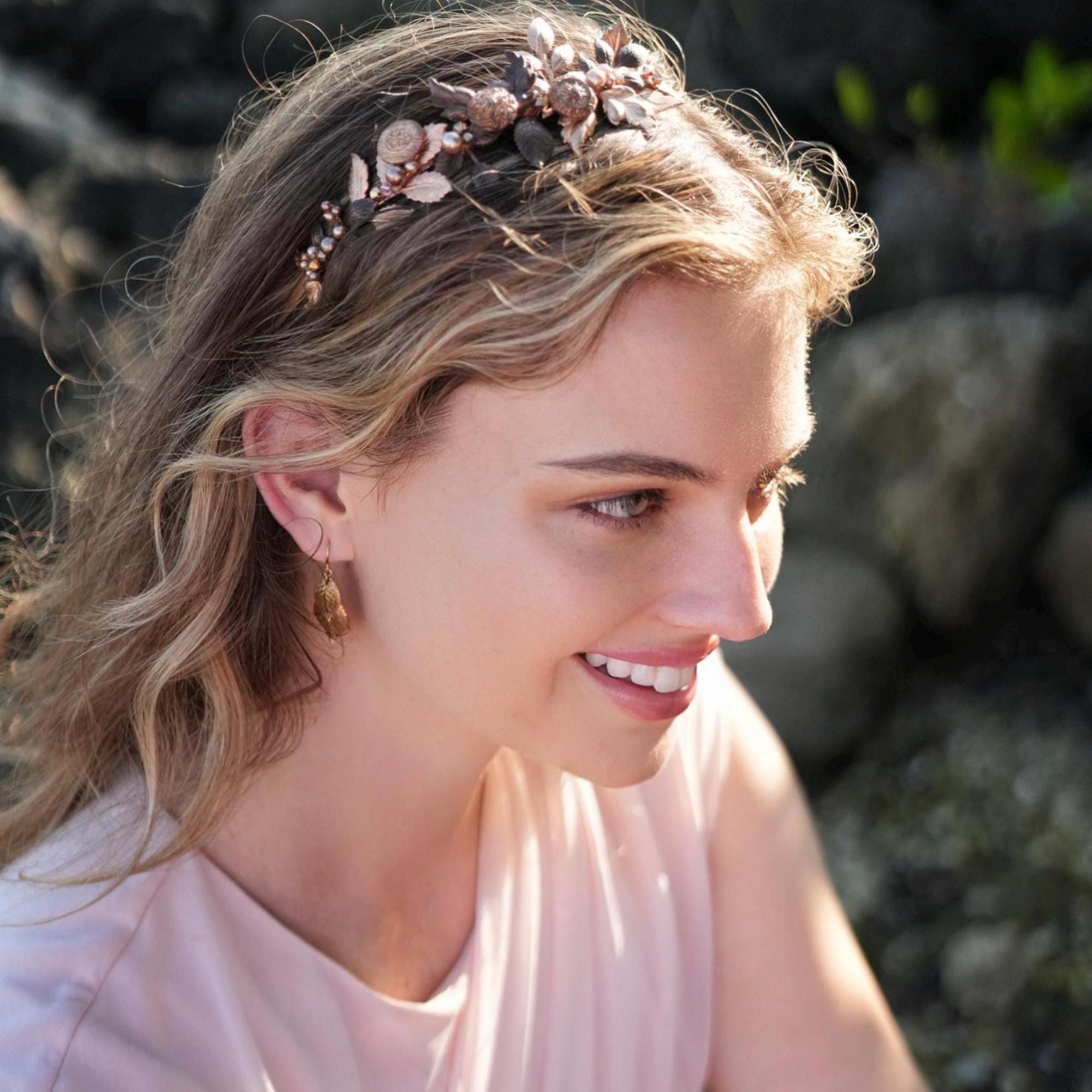 Vintage Rose Gold Leaf Crystal Headband Crystal & Freshwater Pearl Wedding Headband ABIGAIL | EDEN  main image 4