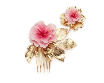 Sakura Hair Comb: Cherry Blossom with Gold Flowers and Leaves Headpiece