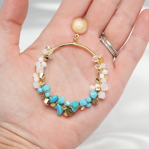 Handmade Turquoise Swarovski Crystal Hoop Earrings: Gold Plated Bridal Jewelry