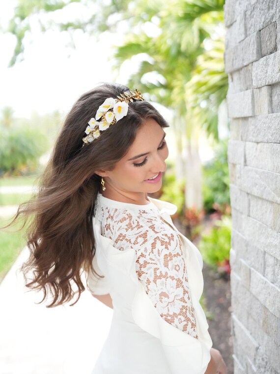 Calla Lily Bridal Headband: Gold Leaf & Swarovski Crystal 
