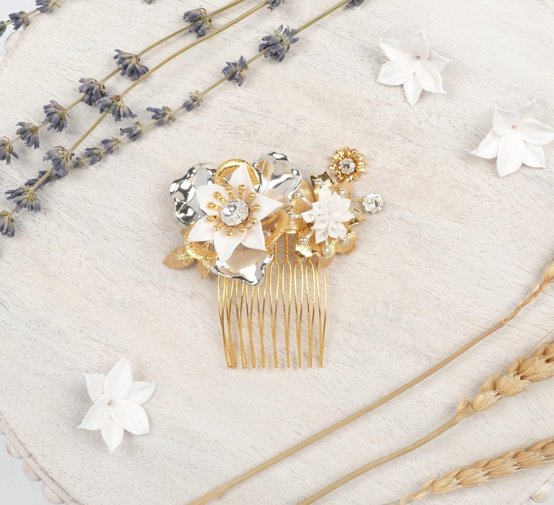 Gold and Silver Crystal Floral Hair Comb Abstract floral crystal hair comb - Tiny crystal and pearl  main image 4