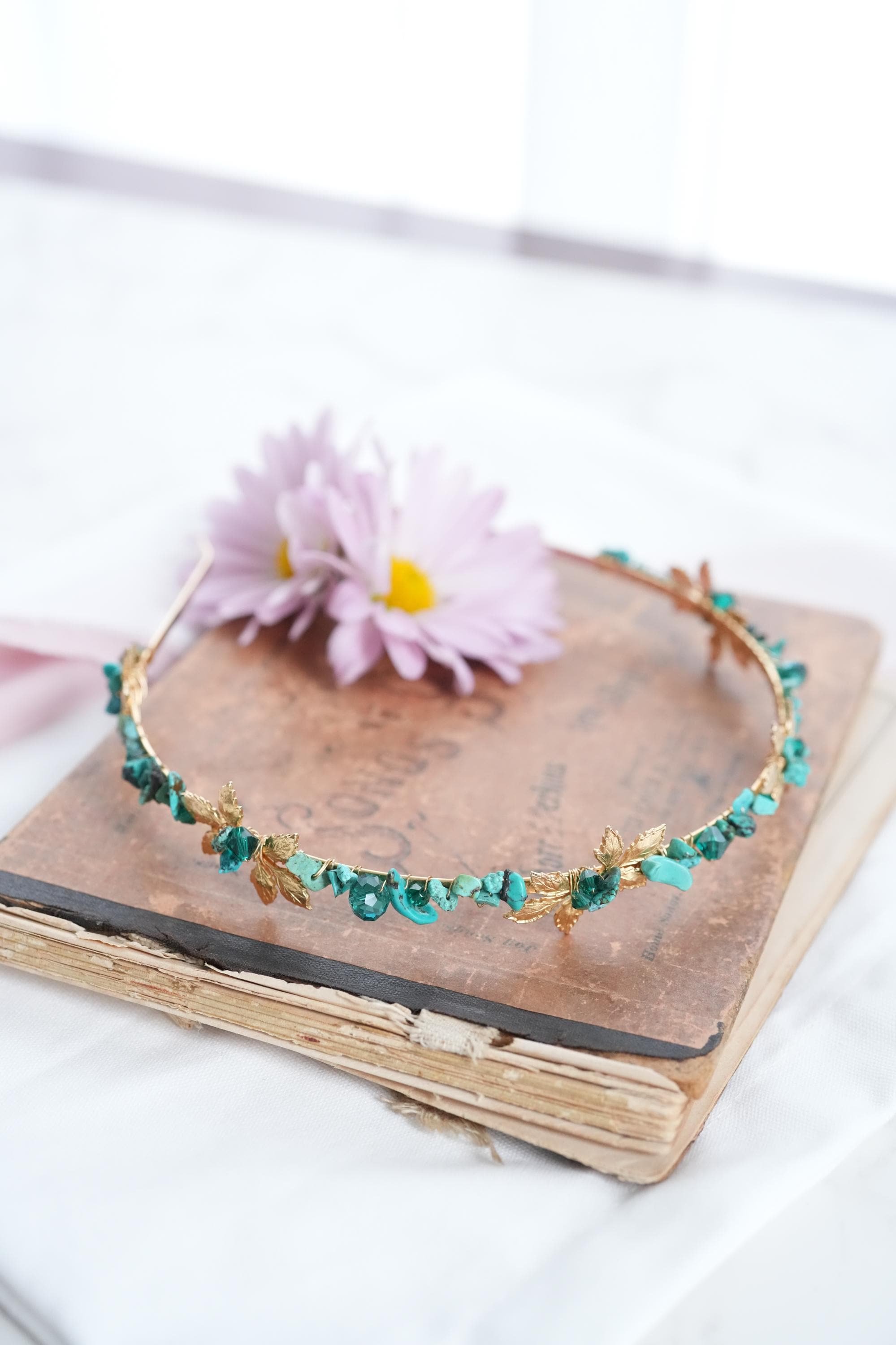 Gold Tone Headband with Turquoise, Austrian Crystals and Electroplated Glass Turquoise Headband: Gold Leaves, Czech Beads, Bridal  main image 2